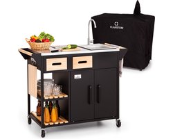 Klarstein Jersey Buitenkeuken - Ingebouwde Gootsteen - RVS Werkblad: 56X51,5 cm (Bxl) - Bergruimte Met Afvalbak - 2 Houten Laden - 2 Schappen - 1 Vershoudbak Met Deksel - Snijplank - 4 Wielen Met Parkeerremmen - Outdoor Kitchen - Regenhoes - Zwart