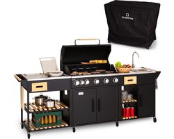 Klarstein Jersey Outdoor Kitchen - 5+1 RVS Brander - Gasbbq + Werkblad + Gootsteen - Gasflessen Tot 11 kg - 2 Schuiflades - 4 Schappen - Afvalbak - 2 Koelboxen - 8 Wielen (4 Remmen) - Slangaansluiting - Zwart