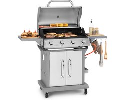 Klarstein Lucifer 4 Gasbarbecue BBQ-Grill - 4 Branders - Uitklapbare zijdelen - Traploos regelbaar - 69 X 45 cm Grilloppervlak - 64 X 14 cm Warmhoudrek - Warmtevermogen: 4 X 3,6 Kw - Roestvrijstalen kap - Mobiel - Vetopvangbak - Grijs