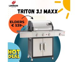 LANDMANN GasBBQ Triton 3.1 MAXX PTS | traploos instelbare roestvrijstalen brander met 15 kW vermogen | temperatuurweergave in het deksel | incl. PTS-systeem voor gelijkmatige warmteverdeling - Gasgrill