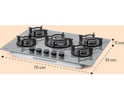 Klarstein Firetale Gaskookplaat - 5-pits - Zelfvoorzienend - 70 cm - Inbouw - Aluminium branders - Aardgas/Propaangas - Veiligheidsventiel - Automatische uitschakeling - Gietijzeren pannendrager - Grijs