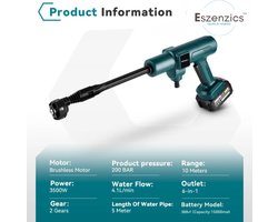 Eszenzics™ Elektrische Hogedrukreiniger - 6in1 Carwash - 3500W 200bar - Borstelloos - Waterpistool Voor Makita, incl. 2 accu's 18 V - Tuin - Irrigatie - Spuitpistool