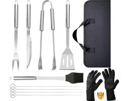 9-delige Roestvrijstalen BBQ Gereedschapset + Hittebestendige Barbecue Handschoenen - tot 800°C - Grill Kit Set met Draagtas - Voor Mannen Vrouwen Camping Grilling - Voor keuken, Barbecue, Open haard en Houtskool