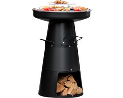 BluMill 3-in-1 BBQ Plancha Vuurkorf – met Brandhout opslag – Tuinhaard – Vuurschaal - 58 x 83 cm – Plancha Ø58 - Grillrooster Ø25 cm – Zwart – Staal