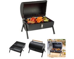 Cheqo® Houtskoolbarbecue - BBQ - Cilinderbarbecue - Tafel BBQ - Barbecue Cilindervorm - Tafelmodel - Mat Zwart - 2-zijdig Gebruik - 2 Rekken/Platen - 17 cm Grillhoogte - Metaal - Afsluitbaar Deksel - Compact - 41 x 26 x h36 cm - Ook voor Camping