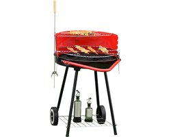 Outsunny Houtskoolbarbecue op wielen ronde grill staande grill houtskoolrooster BBQ metaal rood 01-0562