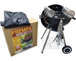 Premfy Luxe Kogelbarbecue - Houtskoolbarbecue - Ronde Barbecue op Wielen - SET met 2 Grillrollen, BBQ Hoes, en Grilltangen SET - 46x76 cm - Instelbaar Luchtrooster - Grilloppervlak Ø 45 cm - Met As Vanger - Zwart