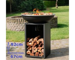 RJRoyal Living Plancha grill BBQ Amigo grillring met hoes en houtopslag vuurschaal rvs buitenkeuken grillring voor buiten 67x67x92cm