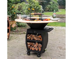 RJRoyal Living Plancha grill BBQ Companero XXL Blackline zwart 2.0 grillring met houten omranding hoes en houtopslag vuurschaal buitenkeuken grillring