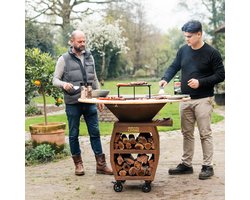 RJRoyal Living Plancha grill BBQ Companero XXL cortenstaal 2.0 grillring met houten omranding hoes en houtopslag vuurschaal buitenkeuken grillring corten staal