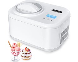 IJsmaker - met compressor, IJsmachine met zelfkoeling, yoghurtijsmaker met LCD-display en timer, verwijderbare garde & 1L kom & doorzichtig deksel, 100W ijsmaker, wit