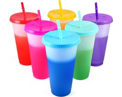 Kleurveranderende bekers met deksels en rietjes - 6 stuks 24 oz herbruikbare plastic ijskoffiebeker - koud water feestbeker voor kinderen en volwassenen - reismokken Slush puppy machine