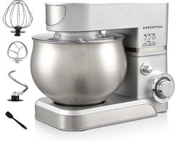 Herenthal Keukenmachine - Keukenrobot - 1400W Foodprocessor 6 Snelheidsstanden + LED, incl. Garde / Kneedhaak / Mengarm / Pannenlikker - 5 Liter - Zilver