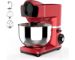 Keukenmachine - 1500 Watt - RVS Mengkom (6 L) – Keukenrobot – Mixer - 6 Snelheden - Met Garde, Deeghaak en Menghaak - Antislip - Rood