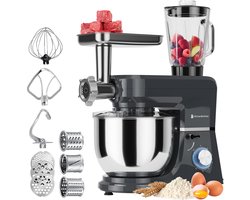 KitchenBrothers Keukenmachine - 6-in-1 Keukenrobot - 1500W - Met Gehaktmolen, Blender en 15 Accessoires - 6,2L RVS Kom - Antraciet