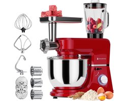 KitchenBrothers Keukenmachine - 6-in-1 Keukenrobot - 1500W - Met Gehaktmolen, Blender en 15 Accessoires - 6,2L RVS Kom - Rood