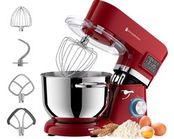 KitchenBrothers Keukenmachine - Display en Timer - Keukenrobot - 6,2L - Keukenmixer - 1400W - Rood