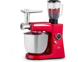 Klarstein Renata Rossa - Keukenmachine - 3-in-1 - 8 Standen - 2000 W - 10 liter RVS Kom - Bevat geen BPA - 1,5 Liter Blender Opzet - Haarfijn Roeren En Mengen - Van Zwaar Brooddeeg Tot Luchtige Slagroom - Eenvoudig In Gebruik - Robuust - Rood