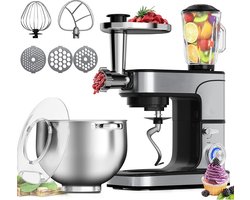 Royalty Line Keukenmachine - Keukenrobot - 2800W - Foodprocessor met 7 Snelheidsstanden + LED, incl. Garde / Kneedhaak / Mengarm en Blender, Met Spatscherm & RVS Mengkom Van 12 Liter - Zilver