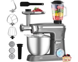 Royalty Line® PKM1900BG 3 in 1 Keukenmachine - 6.5 L Keukenrobot - 1900W Foodprocessor - Keukenmixer Met Blender & Vleesmolen - Zilver