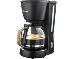 Bestron Filterkoffiezetapparaat voor 10 kopjes koffie, filterkoffiemachine incl. glazen kan van 1,5 liter, vast filter & warmhoudplaatje, 1000 Watt, Black & Wood Design, kleur: zwart/hout