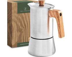 WALDWERK espressomachine (300ml) - inductie-espressomachine geschikt voor alle soorten kachels - Percolator mokkapot van roestvrij staal met houten handvat van echt eikenhout