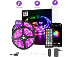 BYER RGB LED Strip Licht 15 Meter - Muzieksynchronisatie + Kleurverandering - Ingebouwde Microfoon - App Bediening + Afstandsbediening - Verlichting - 5050 RGB Led (5M/10M/15M/20M/30M)