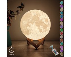 FOOCCA Maanlamp 3D LED Tafellamp 15 cm - 18 cm, 20 cm, 24 cm Via Menu - Maan Lamp met Timer Functie - Accu 15 tot 89 uur - 16 Dimbare LED Kleuren & Afstandsbediening - Extra Realistisch