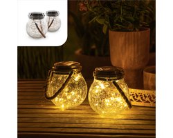 Gadgy Solar Lantaarn Craquelé Glas met 20 fairy lights - Tafellamp Set van 2 - Solar tuinverlichting op zonneenergie - Led buitenverlichting met dag/nacht sensor - Hanglamp - Tuinlantaarn - 13.5 x Ø12CM