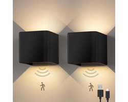 Goliving Wandlamp Op Accu – 2 Stuks – Wandlamp Binnen – Oplaadbaar - Draadloos – PIR Bewegingssensor – USB-C – 4400 mAh - Warm Wit Licht - Zwart