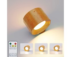 KL Home® Oplaadbare wandlamp - Wandlamp Binnen - USB Oplaadbaar - Draadloos - Dimbaar – Batterij - Slaapkamer - Woonkamer - Nachtlampje - 360° rotatie - Zonder Boren - Afstandsbediening - Touch Control - Trapverlichting - Houtkleur