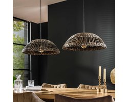 Landelijke eettafel hanglamp Waterhyacint | 2 lichts | bruin / zwart | hout / metaal | Ø 54 cm | in hoogte verstelbaar tot 150 cm | eetkamer / woonkamer / keuken | dimbaar | modern / sfeeervol design