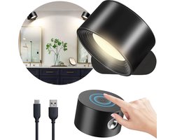 Led Wandlamp Binnen Oplaadbaar - Oplaadbare Wandlamp - Draadloos – Leeslamp - Dimbaar - Touch Bediening – Zonder boren – 360° rotatie - Zwart