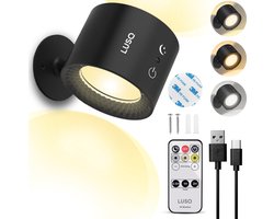 LUSQ® - LED Wandlamp Oplaadbaar - Wandlamp Binnen - USB Oplaadbaar - Draadloos - Dimbaar – Batterij - Slaapkamer - Woonkamer - Nachtlampje - 360° rotatie - Zonder Boren - Afstandsbediening - Zonder Boren - Touch Control - Trapverlichting - Zwart