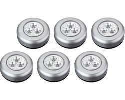 Luxe Zilveren Zelfklevende LED Druklampen Set - 6 Stuks | Werkt Zonder Stopcontact |3 LED per Mini Spot Lamp | Push Light | Druk Lamp | Licht voor Voorraadkasten | Tenten | Auto's en Boten