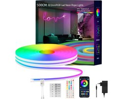 Neon Led Strip 5M - Led Strip Met Afstandsbediening en APP - RGB Neon Verlichting - IP68 Voor Buiten - Smart LED-strip - Muzieksynchronisatie - Flexibel DIY Ontwerp - Voor Slaapkamer, Woonkamer, Gamen, Feestdecoratie