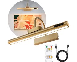 Schilderijlamp Oplaadbaar LED – Schilderijverlichting Draadloos Dimbaar – met Afstandsbediening - Spiegelverlichting – Draadloze Wandlamp - Goud