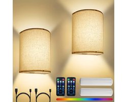 Set 2 Stuks LED Japandi Wandlampen Binnen Woonkamer Oplaadbaar Beige Stof - Draadloos op Accu USB-C - Ideaal voor Woonkamer of Slaapkamer - Wandlampen Zonder Stroom voor Binnen - Bevestiging Zonder Boren - Sfeerverlichting Warm Licht