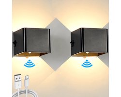 Set 2 stuks - Oplaadbare Wandlamp ZWART LED 5Watt + PIR sensor - magnetisch - USB-C