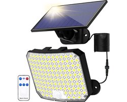 Solar Buitenlamp met bewegingssensor, 118 LED solar Wandlamp en afstandsbediening Solar lampen IP65 waterdicht, 180° lichthoek solar wandlamp met 5M kabel