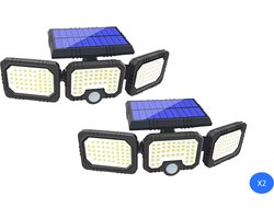 Trio Solar - 2 stuks - LED buitenlamp op zonne-energie met sensor - energiebesparende solarlamp met krachtige oplaadbare batterij - 74 LED's & 600 lumen lichtsterkte - met bewegingsdetector