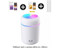 Aroma Diffuser Wit-Luchtbevochtiger 300 ml - Incl. incl. 2 aroma oliën en 3 filters -LED sfeerverlichting- compact- Auto en huis gebruik- casamix