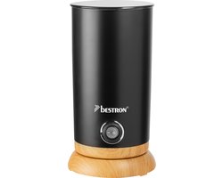 Bestron electrische Melkopschuimer, met 360° basis & tot 300ml capaciteit, opgeschuimde melk in minder dan 2 minuten, Ideaal voor koffie, cappuccino & latte macchiato, Black & Wood, kleur: Zwart/Hout