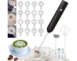 USB-melkopschuimer-garde 2-in-1 met decoratieve sjablonen kit - 3 snelheden, roestvrijstalen staven voor koffie matcha chocolade