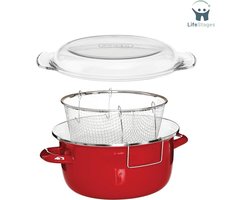 LifeStages - Oliebollenpan - Huisraad - 5L Friteuse Enamel Chip Pan - Friteuse met Glazen Deksel - Chipfriteuse Frituurpan - Friteuse Mand - Kleine Friteuse - Rood