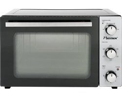 Bestron vrijstaande Mini Oven met 31L volume, Bakoven inlcusief Grillrooster, Draaispit, Bakschaal, Ø30,5 cm Pizzasteen & Heteluchtfunctie, met 5 programma’s tot max. 230 °C, timer & indicatielampje, 1500 Watt, kleur: zilver / zwart