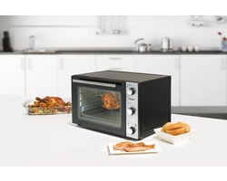 Bestron vrijstaande Oven met 45L volume, Bakoven inlcusief Grillrooster, Draaispit, Bakschaal & Heteluchtfunctie, met 5 programma’s tot max. 230 °C, timer & indicatielampje, 1800 Watt, kleur: zilver / zwart