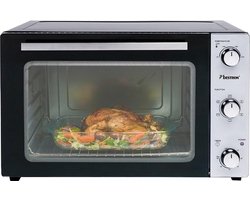 Bestron vrijstaande Oven met 55L volume, Bakoven inlcusief Grillrooster, Draaispit, Bakschaal & Heteluchtfunctie, met 5 programma’s tot max. 230 °C, timer & indicatielampje, 2000 Watt, kleur: zilver / zwart