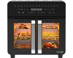 Iceagle Heteluchtfriteuse 23L Dual Zone - XXL Airfryer met Franse Deur | Heteluchtfriteuseoven met dubbele kamer, 15 programma's, 2200W, 12 accessoires, verwijderbare afscheider voor flexibele kookruimte