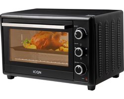 ICQN Vrijstaande Oven - 50L - Convectie Mini Oven - Pizzaoven - Hetelucht & Grillfunctie - Geëmailleerde Holte - Zwart